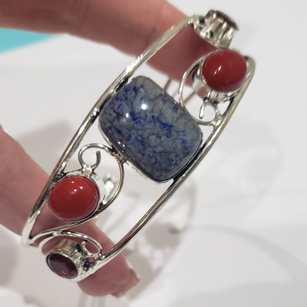 Beautiful Handmade Sodalite Coral Ruby Gem 925 Bangle Bracelet